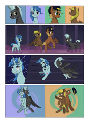 Size: 2904x4000 | Tagged: safe, artist:palibrik, compass star, evening star, party favor, thunderlane, earth pony, pegasus, pony, unicorn, comic:securing a sentinel, g4, carousel boutique, comic, commissioner:bigonionbean, cutie mark, drunk, forced, gas, hat, high res, horn, magic, male, offscreen character, ponyville, potion, shattered, shocked, shocked expression, stallion, surprised, wings