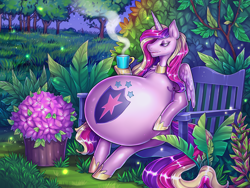 Size: 4000x3000 | Tagged: safe, artist:matokiro, princess cadance, shining armor, alicorn, pony, g4, alternative cutie mark placement, belly, belly cutie mark, big belly, cadance pregnant with shining armor, cadancepred, commission, commissioner:reversalmushroom, cutie mark tattoo, cutie mark theft, female, fetish, gentle pred, good clean married vore, high res, implied shining armor, implied unbirthing, male, mare, married couples doing married things, married life, permapregnant, pregdance, pregnant, ship:shiningcadance, shipping, solo, stolen cutie marks, straight, tattoo, vore, willing vore