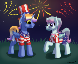 Size: 2100x1750 | Tagged: safe, artist:sa1ntmax, oc, oc:aerial agriculture, oc:earthing elements, alicorn, pony, 4th of july, alicorn oc, clothes, commissioner:bigonionbean, cute, cutie mark, female, fireworks, fusion, fusion:bow hothoof, fusion:cloudy quartz, fusion:gentle breeze, fusion:igneous rock pie, fusion:night light, fusion:posey shy, fusion:twilight velvet, fusion:windy whistles, glasses, grass, grass field, hat, holiday, horn, husband and wife, independence day, male, mare, national flag, parent:cloudy quartz, parent:posey shy, parent:twilight velvet, parent:windy whistles, patriotic, pride, romantic, stallion, star spangled banner, top hat, wings, writer:bigonionbean