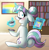 Size: 1500x1541 | Tagged: safe, artist:northernlightsone, oc, oc only, oc:glossy granite, earth pony, pony, unicorn, blushing, book, bookshelf, butt, collar, commissioner:bigonionbean, cup, cutie mark, embarrassed, female, flank, food, fusion, fusion:cloudy quartz, fusion:twilight velvet, glasses, horn, magic, mare, naughty, painting, plot, solo, tea, teacup, writer:bigonionbean