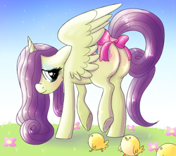 Size: 1700x1500 | Tagged: safe, artist:northernlightsone, oc, oc:charitable nature, alicorn, pegasus, pony, unicorn, adorable face, alicorn oc, blushing, bowtie, butt, chicks, commissioner:bigonionbean, cute, cutie mark, embarrassed, female, flank, fusion, horn, magic, mane, mare, painting, plot, wings, writer:bigonionbean