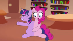 Size: 1192x670 | Tagged: safe, artist:mlpconjoinment, pinkie pie, twilight sparkle, alicorn, pony, g4, alicorn oc, alicorn princess, animated at source, butt, butt expansion, commissioner:bigonionbean, conjoined, cutie mark fusion, dialogue, embarrassed, extra thicc, female, flank, fuse, fused, fusion, growth, horn, interrobang, large butt, magic, merge, merging, plot, ponyville, shocked, shocked expression, swelling, transformation, twilight sparkle (alicorn), video at source, wings, writer:bigonionbean