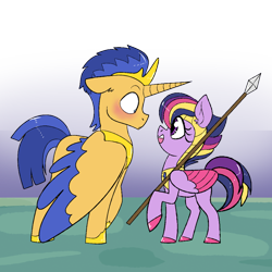 Size: 1024x1024 | Tagged: safe, artist:northernlightsone, flash sentry, twilight sparkle, alicorn, pegasus, pony, g4, alicornified, alternate hairstyle, alternate universe, armor, best princess, blushing, crown, female, flustered, guard, guardsmare, helmet, hoof shoes, jewelry, looking at each other, male, male alicorn, mare, open mouth, pegasus twilight sparkle, prince flash sentry, race swap, raised hoof, regalia, role reversal, royal guard, sentrycorn, ship:flashlight, shipping, size difference, spear, stallion, straight, unshorn fetlocks, weapon