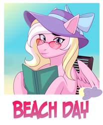 Size: 4000x4840 | Tagged: safe, artist:gradient_8402, oc, oc only, oc:bay breeze, pegasus, pony, beach, book, cute, female, hat, looking at you, mare, pegasus oc, photo, solo, sun hat, sunglasses, text