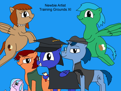 Size: 2000x1500 | Tagged: safe, artist:blazewing, oc, oc:blazewing, oc:maggie, oc:pastel macaroon, oc:pecan sandy, oc:syntax, oc:tough cookie, earth pony, pegasus, pony, unicorn, atg 2021, blue background, chubby, clothes, colored background, diploma, drawpile, earth pony oc, fat, fedora, female, filly, flying, foal, freckles, glasses, graduation cap, graduation gown, hat, horn, jewelry, looking at you, male, mare, necklace, newbie artist training grounds, pearl necklace, pegasus oc, simple background, smiling, stallion, text, unicorn oc, vest