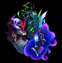 Size: 1280x1297 | Tagged: safe, artist:shebbart, king sombra, nightmare moon, queen chrysalis, alicorn, changeling, changeling queen, pony, umbrum, unicorn, g4, black background, colored horn, crown, curved horn, fangs, female, horn, jewelry, male, mare, regalia, simple background, stallion, tongue out