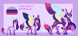 Size: 1280x605 | Tagged: safe, artist:shebbart, twilight sparkle, alicorn, pony, g4, age progression, alternate design, beard, cloven hooves, colored hooves, colored horn, colored wings, curved horn, ear tufts, facial hair, fangs, female, gradient horn, gradient wings, horn, horn jewelry, horn ring, jewelry, leonine tail, mare, multicolored wings, pale belly, reference sheet, ring, solo, story included, twilight sparkle (alicorn), wings