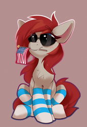 Size: 1398x2047 | Tagged: safe, artist:jazzynsfw, oc, oc only, oc:ponepony, earth pony, pony, american flag, chest fluff, clothes, female, mouth hold, socks, solo, striped socks, sunglasses
