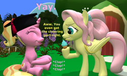 Size: 1804x1080 | Tagged: safe, artist:red4567, fluttershy, luster dawn, pegasus, pony, unicorn, g4, 3d, atg 2021, clapping, cute, graduation cap, hat, lusterbetes, newbie artist training grounds, older, older fluttershy, source filmmaker, yay