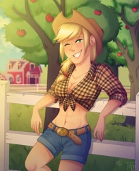 Size: 960x1179 | Tagged: safe, artist:toxiccolour, applejack, human, g4, abs, apple, apple tree, applejack's hat, barn, belly button, belt, breasts, busty applejack, clothes, cowboy hat, cute, female, fence, flannel, food, freckles, grin, hat, humanized, jackabetes, midriff, one eye closed, shorts, smiling, solo, straw in mouth, sweet apple acres, tree, wink