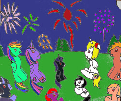 Size: 1199x997 | Tagged: safe, artist:ask-luciavampire, alicorn, earth pony, pegasus, pony, unicorn, vampire, vampony, 4th of july, fireworks, holiday, tumblr