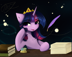 Size: 3383x2687 | Tagged: safe, artist:empress-twilight, twilight sparkle, pony, g4, :p, book, bust, chest fluff, crown, ear fluff, eye clipping through hair, female, high res, i can't believe it's not magnaluna, inkwell, jewelry, mare, paper, quill, regalia, solo, table, tongue out