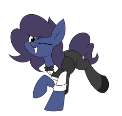 Size: 1792x1706 | Tagged: safe, artist:moonatik, oc, oc only, oc:front stage, changeling, ass up, bowtie, changeling oc, clothes, cute, disguise, disguised changeling, female, gift art, looking at you, one eye closed, pants, raised hoof, shirt, shoes, simple background, smiling, solo, transparent background, waistcoat, wink