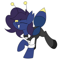 Size: 1792x1706 | Tagged: safe, alternate version, artist:moonatik, oc, oc only, oc:front stage, changeling, ass up, bowtie, changeling oc, clothes, cute, female, gift art, looking at you, one eye closed, pants, raised hoof, shirt, shoes, simple background, smiling, solo, transparent background, waistcoat, wings, wink