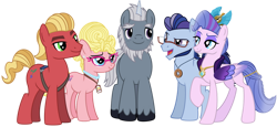 Size: 1024x473 | Tagged: safe, artist:emeraldblast63, alphabittle blossomforth, argyle starshine, phyllis cloverleaf, queen haven, sprout cloverleaf, earth pony, pegasus, pony, unicorn, g4, g5, adoraphyllis, cute, female, g5 to g4, male, mare, secondary five (g5), simple background, stallion, transparent background, vector