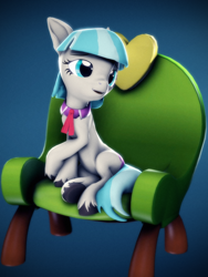 Size: 1620x2160 | Tagged: safe, artist:psfmer, coco pommel, earth pony, pony, 3d, chair, collar, crossed hooves, female, gradient background, mare, necktie, open mouth, sitting, smiling, solo, source filmmaker, unshorn fetlocks
