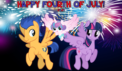 Size: 2064x1204 | Tagged: safe, artist:not-yet-a-brony, flash sentry, princess flurry heart, twilight sparkle, alicorn, pegasus, pony, g4, 2021, 4th of july, american independence day, aunt and niece, auntie twilight, female, fireworks, flying, holiday, honorary uncle, male, ship:flashlight, shipping, straight, twilight sparkle (alicorn), uncle flash