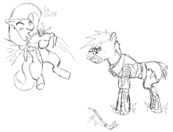 Size: 1259x959 | Tagged: safe, artist:gsomv, fluttershy, earth pony, headcrab, pegasus, pony, g4, black and white, crossover, crowbar, glasses, gordon freeman, grayscale, half-life, hev suit, monochrome, ponified, sketch, this will end in death, this will end in tears, this will end in tears and/or death