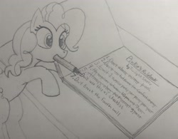 Size: 3766x2934 | Tagged: safe, artist:doodledonutart, pinkie pie, earth pony, pony, g4, atg 2021, high res, monochrome, mouth hold, newbie artist training grounds, pencil, solo, traditional art