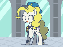 Size: 1800x1350 | Tagged: safe, artist:flutterluv, surprise, pegasus, pony, g1, adoraprise, atg 2021, cute, eyes closed, female, happy, hat, mare, newbie artist training grounds, raised leg, smiling, solo, tongue out