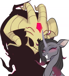 Size: 1280x1412 | Tagged: safe, artist:switchsugar, fhtng th§ ¿nsp§kbl, oleander (tfh), demon, pony, unicorn, them's fightin' herds, awwleander, blushing, community related, cute, eyes closed, female, fredeander, grin, male, shipping, simple background, smiling, straight, when he smiles, when she smiles, white background