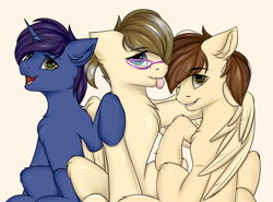 Size: 2700x2000 | Tagged: safe, artist:snowstormbat, oc, oc:dusk light, oc:emerald wing, oc:zaylem, pegasus, pony, unicorn, high res, hug, male, simple background, smiling, stallion