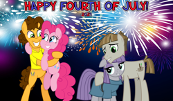 Size: 2064x1204 | Tagged: safe, artist:not-yet-a-brony, cheese sandwich, maud pie, mudbriar, pinkie pie, earth pony, pony, g4, 2021, 4th of july, boyfriend and girlfriend, brothers-in-law, female, fireworks, holiday, hug, husband and wife, male, mare, ship:cheesepie, ship:maudbriar, shipping, siblings, sisters, smiling, stallion, straight, when he smiles, when she smiles