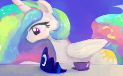 Size: 1954x1213 | Tagged: safe, artist:mandumustbasukanemen, princess celestia, alicorn, pony, g4, abstract background, atg 2021, cup, implied princess luna, jewelry, missing accessory, newbie artist training grounds, solo, tea, teacup, tiara