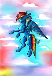 Size: 1480x2160 | Tagged: safe, artist:stirren, rainbow dash, pegasus, pony, g4, flying, sky, solo, traditional art