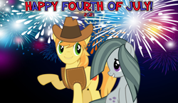 Size: 2064x1204 | Tagged: safe, anonymous artist, braeburn, marble pie, earth pony, pony, g4, 2021, 4th of july, american independence day, female, fireworks, holiday, looking at each other, lyrics in the description, male, mare, ship:braeble, shipping, smiling, smiling at each other, song reference, stallion, straight, youtube link