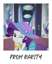 Size: 3480x4230 | Tagged: safe, rarity, equestria girls, g4, female, high res, looking at you, lying down, one eye closed, polaroid, prone, rarity peplum dress, smiling, smiling at you, solo, text, vintage, wink, winking at you