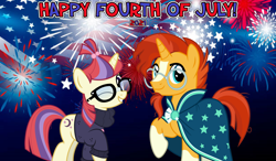 Size: 2064x1204 | Tagged: safe, anonymous artist, moondancer, sunburst, pony, unicorn, g4, 2021, 4th of july, clothes, egghead, female, fireworks, glasses, holiday, male, mare, one eye closed, robe, shipping, smiling, stallion, straight, sundancer, sweater, wink