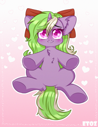 Size: 2000x2600 | Tagged: safe, artist:etoz, oc, oc only, oc:sparkly breeze, pony, unicorn, blushing, bow, chibi, commission, cute, eye clipping through hair, eyebrows, eyebrows visible through hair, female, gradient background, happy, heart, high res, horn, looking at you, mare, offscreen character, pov, reaching, smiling, unicorn oc, wingding eyes