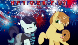 Size: 2064x1204 | Tagged: safe, anonymous artist, coloratura, feather bangs, earth pony, pony, g4, 2021, 4th of july, american independence day, colorabangs, female, fireworks, holiday, male, mare, one eye closed, shipping, smiling, stallion, straight, wink