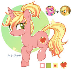 Size: 2468x2436 | Tagged: safe, artist:hoochuu, applejack, luster dawn, oc, oc only, oc:appledelight, pony, unicorn, g4, base used, cute, female, fusion, high res, mare, reference sheet, screencap reference