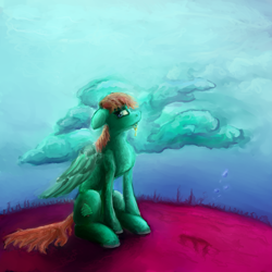 Size: 2449x2449 | Tagged: safe, artist:kingsleyrulz, oc, oc only, pegasus, pony, bubble, flowing mane, green eyes, high res, key, ocean, orange mane, sitting, solo, sunlight, underwater, water, wings