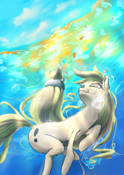 Size: 595x842 | Tagged: safe, artist:thatfriendlysomeone, oc, oc only, earth pony, pony, bubble, cloud, crepuscular rays, flowing mane, holding breath, looking up, newbie artist training grounds, ocean, sky, solo, sunlight, swimming, underwater, water, yellow mane