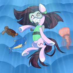 Size: 2449x2449 | Tagged: safe, artist:kasukamachikyu, oc, oc only, earth pony, fish, jellyfish, pony, turtle, brown eyes, crepuscular rays, deviantart watermark, dive mask, female, flowing mane, flowing tail, high res, obtrusive watermark, ocean, one eye closed, scuba diving, scuba gear, signature, smiling, solo, sunlight, teeth, underwater, water, watermark, wink