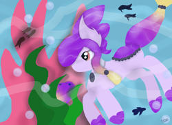 Size: 2000x1458 | Tagged: safe, artist:saphiresong98, oc, oc only, earth pony, fish, pony, bubble, contest entry, female, flowing tail, ocean, purple mane, purple tail, red eyes, seaweed, solo, swimming, underwater, water