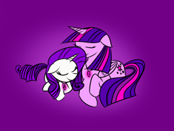 Size: 1600x1200 | Tagged: safe, artist:oceanman, rarity, twilight sparkle, alicorn, pony, unicorn, fanfic:the enchanted kingdom, fanfic:the enchanted library, g4, cuddling, duo, eyes closed, fanfic art, female, floppy ears, horn, jewelry, lesbian, lying down, mare, necklace, prone, purple background, ship:rarilight, shipping, simple background, smiling, twilight sparkle (alicorn)