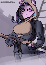 Size: 2480x3508 | Tagged: safe, artist:nire, starlight glimmer, unicorn, anthro, g4, ak-47, assault rifle, breasts, busty starlight glimmer, clothes, female, frown, gun, high res, hoodie, jacket, jeans, pants, rifle, s.t.a.l.k.e.r., solo, weapon