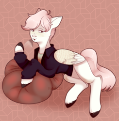Size: 2800x2860 | Tagged: safe, artist:fajnk, oc, oc only, oc:quincy, pegasus, pony, abstract background, clothes, cute, freckles, happy, high res, male, open mouth, pegasus oc, pillow, shirt, smiling, solo, stallion, t-shirt, wings