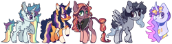 Size: 1600x411 | Tagged: safe, artist:caramelbolt24, oc, oc only, alicorn, pony, unicorn, alicorn oc, bust, clothes, colored sketch, ear piercing, ethereal mane, eyelashes, female, hoof on chest, horn, leonine tail, mare, multicolored hair, piercing, rainbow hair, raised hoof, simple background, smiling, starry mane, transparent background, unicorn oc, wings