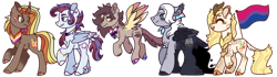 Size: 1600x445 | Tagged: safe, artist:caramelbolt24, oc, oc only, kirin, pegasus, pony, bisexual pride flag, cloak, clothes, ear fluff, female, flying, hoof polish, kirin oc, lesbian pride flag, looking back, magical lesbian spawn, male, mare, offspring, parent:rainbow dash, parent:rarity, parents:raridash, pegasus oc, pride, pride flag, raised hoof, simple background, smiling, stallion, transgender pride flag, transparent background