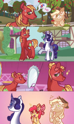 Size: 1600x2667 | Tagged: safe, artist:caramelbolt24, apple bloom, applejack, big macintosh, rarity, earth pony, pony, unicorn, g4, building, comic, female, freckles, hat, horn, horse collar, makeover, mare, mirror, orchard blossom, pictogram, raised hoof, reflection, smiling, trans female, trans mare big mac, transgender, unshorn fetlocks