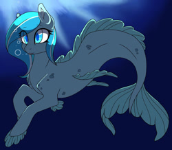 Size: 1280x1117 | Tagged: safe, artist:loxydragonvich109, oc, oc only, merpony, seapony (g4), blue eyes, blue mane, bubble, crepuscular rays, dorsal fin, eyelashes, fins, fish tail, ocean, open mouth, smiling, solo, sunlight, swimming, tail, underwater, water