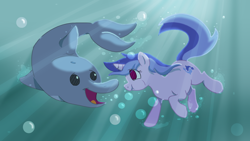 Size: 1920x1080 | Tagged: safe, artist:myatathecupcake, sea swirl, seafoam, dolphin, pony, unicorn, g4, bubble, crepuscular rays, female, fish tail, flowing mane, flowing tail, holding breath, horn, looking at each other, ocean, open mouth, puffy cheeks, purple eyes, smiling, solo, sunlight, swimming, tail, underwater, water