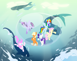 Size: 2000x1600 | Tagged: safe, artist:boardle, applejack, fluttershy, pinkie pie, rainbow dash, rarity, twilight sparkle, alicorn, earth pony, pegasus, pony, shark, unicorn, whale, g4, blue eyes, bubble, contest entry, crepuscular rays, eyes closed, female, fish tail, flying, glowing horn, green eyes, horn, in bubble, mane six, ocean, open mouth, purple eyes, smiling, spread wings, sunlight, tail, twilight sparkle (alicorn), underwater, water, wings