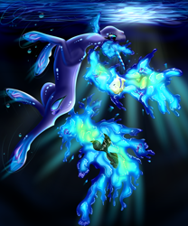 Size: 2236x2683 | Tagged: safe, artist:crazyaniknowit, oc, oc only, oc:tainted purity, fish, pony, unicorn, blue eyes, blue mane, bubble, crepuscular rays, eyelashes, female, flowing mane, flowing tail, glowing, glowing mane, glowing tail, high res, horn, looking up, ocean, open mouth, signature, smiling, solo, swimming, tail, underwater, water