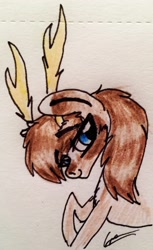 Size: 1693x2759 | Tagged: safe, artist:beamybutt, oc, oc only, pony, antlers, signature, smiling, solo, traditional art